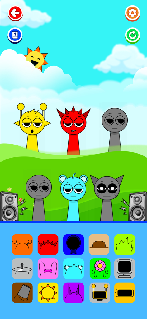 Horror Music Box - Character selection and music mixing interface in Fun Mode featuring quirky avatars and colorful icons.