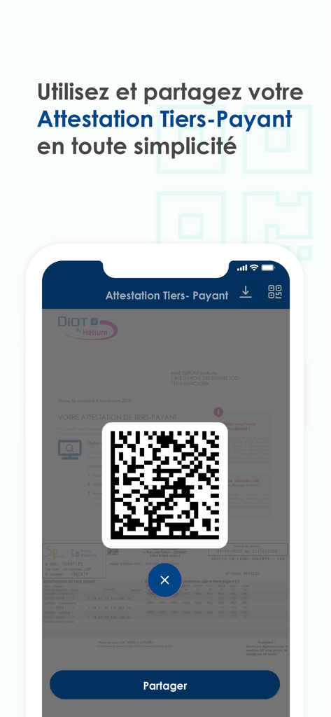 Diot by Hélium - Application Diot by Helium affichant une attestation de paiement tiers digitale avec un code QR et un bouton de partage.