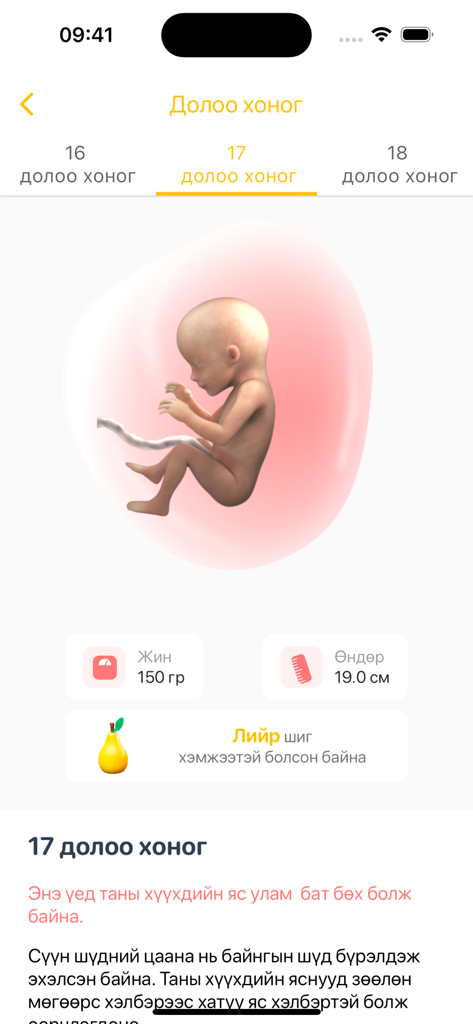 eFollow - eFollow app interface displaying fetal development and health stats for 17 weeks of pregnancy