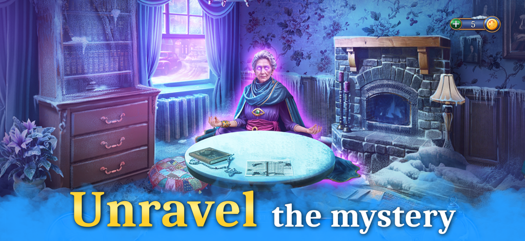 A woman with glowing purple eyes sitting in a frozen room with the text Unravel the mystery