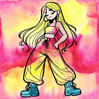 girl in baggy pants crop top and long hair