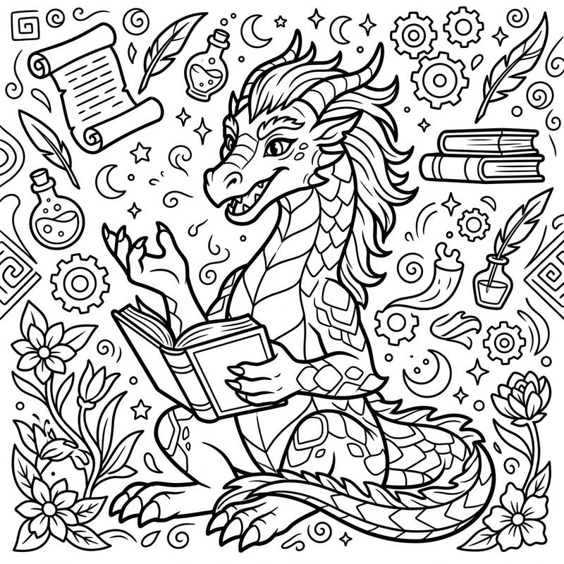 Dive into a world of magic with this delightful coloring page featuring a scholarly dragon engrossed in a book. Surround yourself with enchanting details and bring this fantastical scene to life with your favorite colors.