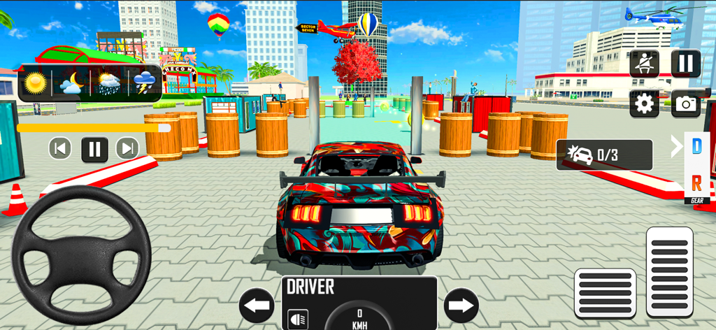 Driving Academy Car Game - Visão em terceira pessoa de um carro esportivo colorido em um jogo de simulação de direção navegando por um percurso de obstáculos com volante e pedais na tela.