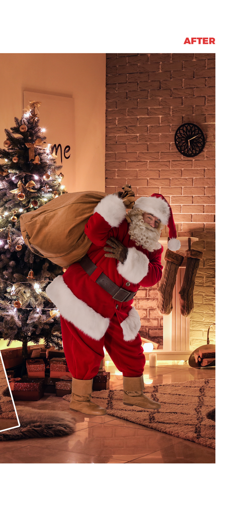 Realistic Santa Claus carrying a gift bag in a decorated living room next to a Christmas tree.