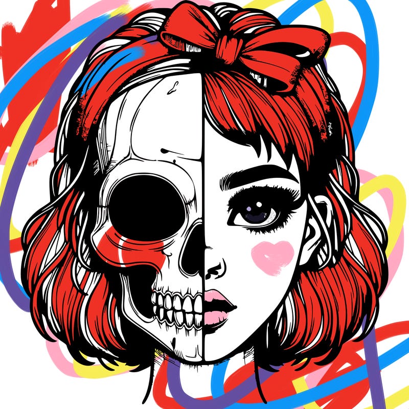 realistic girl with half skull mask