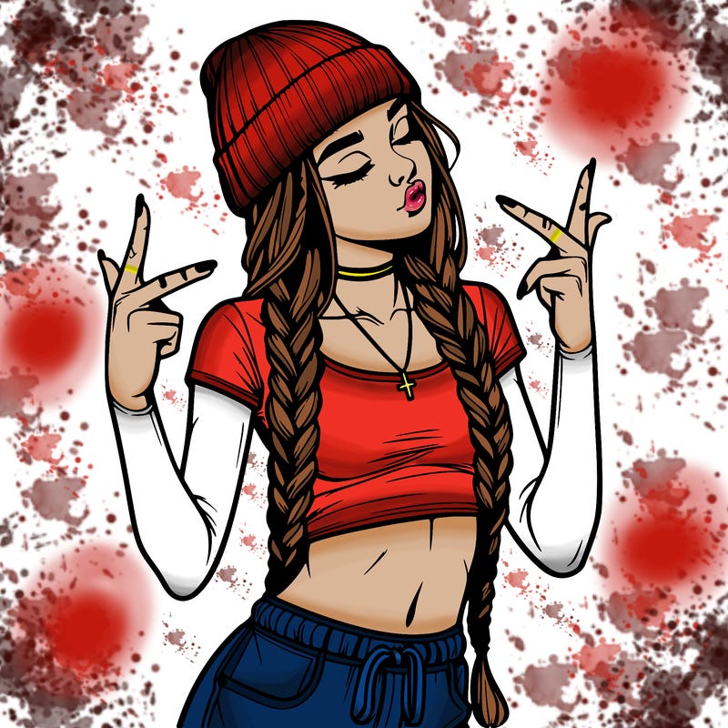 realistic teenage girl with braids and a beanie and crop top doing 🫶🏼
