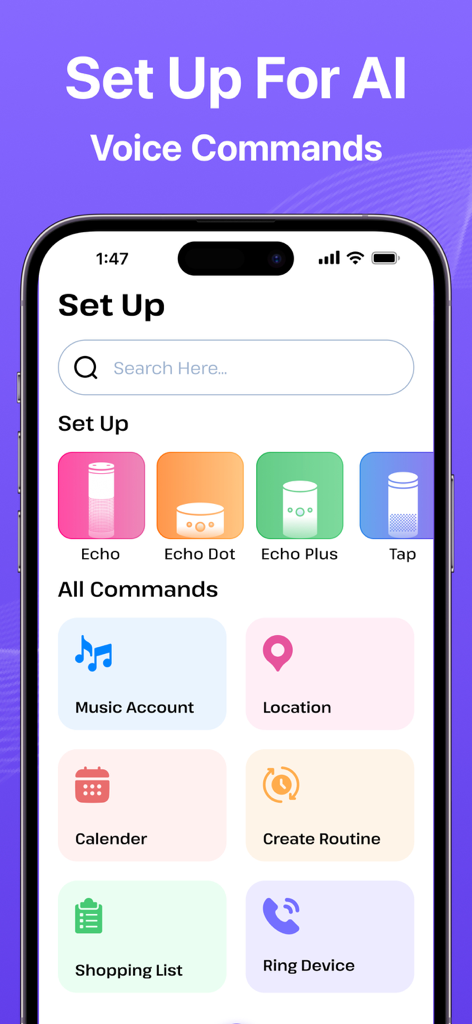 AI Voice Commands Assistant - Setup screen for AI Voice Commands Assistant app displaying options to connect Echo devices and manage features like music, calendar, and shopping lists.