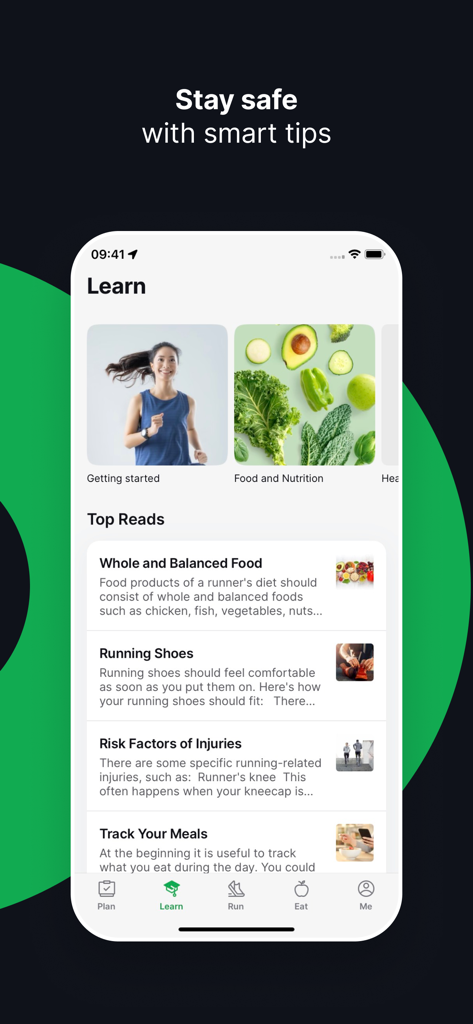 Joggo - Run Tracker & Coach - Joggo app interface showing the Learn section with articles on nutrition, running gear, and injury prevention.