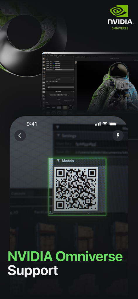 MagiScan - AI 3D Scanner app - Interfaz de la aplicación MagiScan mostrando un código QR para sincronizar escaneos 3D con NVIDIA Omniverse.
