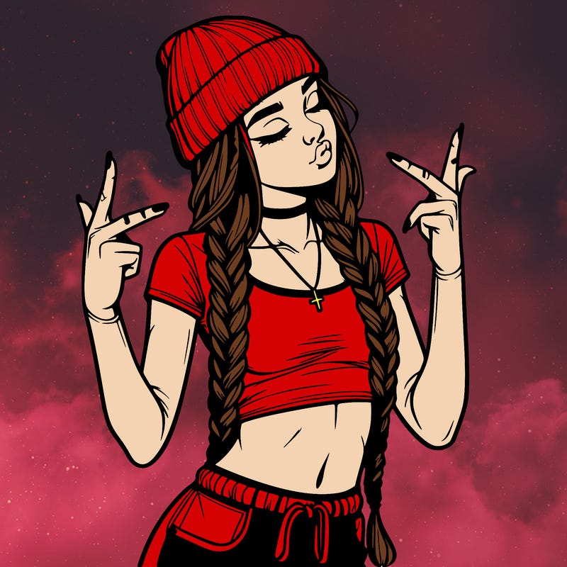realistic teenage girl with braids and a beanie and crop top doing 🫶🏼