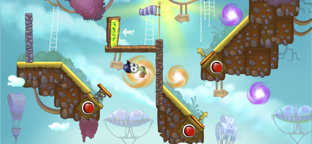 Snail Bob jumping through colorful portals in a 2D physics puzzle level.