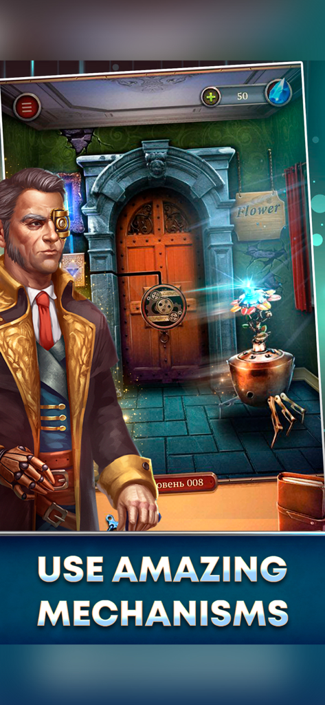 100 Doors Escape Room - Un personnage victorien utilisant un appareil mécanique lumineux pour résoudre une énigme de porte