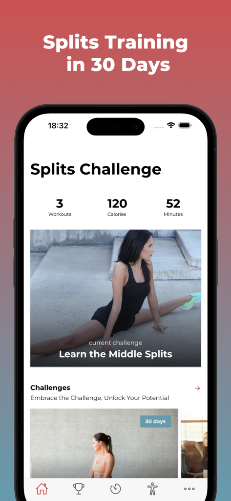 30 Day Splits Challenge - Dashboard of the 30 Day Splits Challenge app showing workout stats and a middle splits training program.