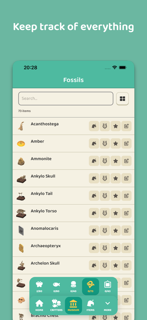 ACNH.Guide for Animal Crossing - A list of fossils in the ACNH Guide app with tracking icons for completion status