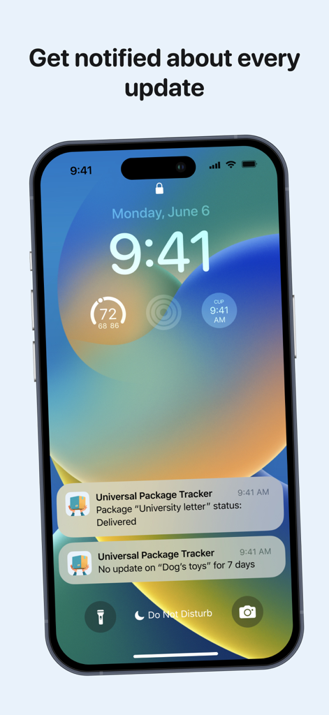 iPhone lock screen showing delivery status and inactivity notifications from the Universal Package Tracker app