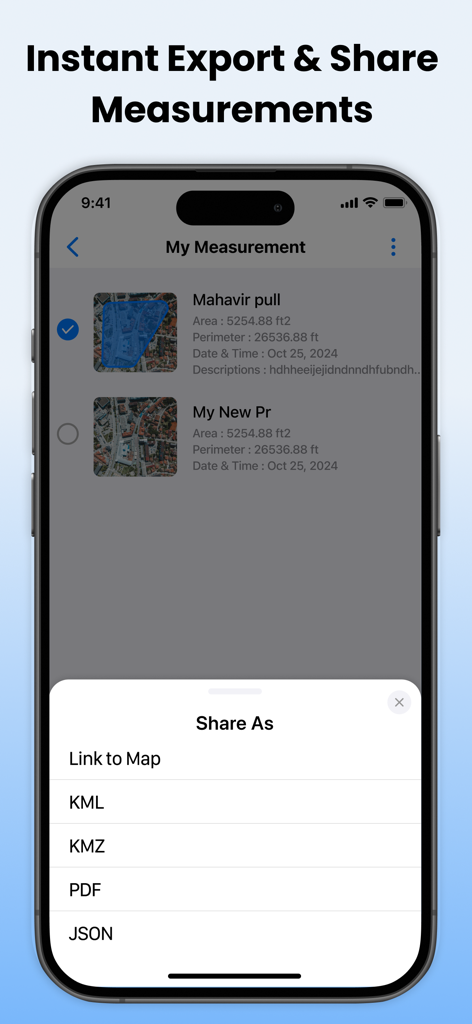 Mobile app screen showing export options for land measurements including KML and PDF formats