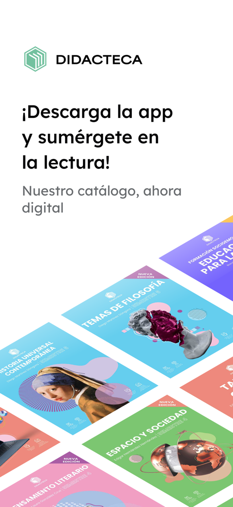 Didacteca - Tela promocional do aplicativo de biblioteca digital Didacteca exibindo seu catálogo digital de livros educacionais para alunos.