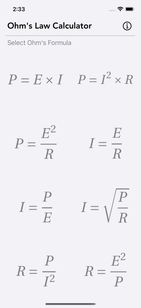 Ohm Law Calculator - Pantalla de la aplicación Calculadora Ley de Ohm mostrando varias fórmulas eléctricas para seleccionar.