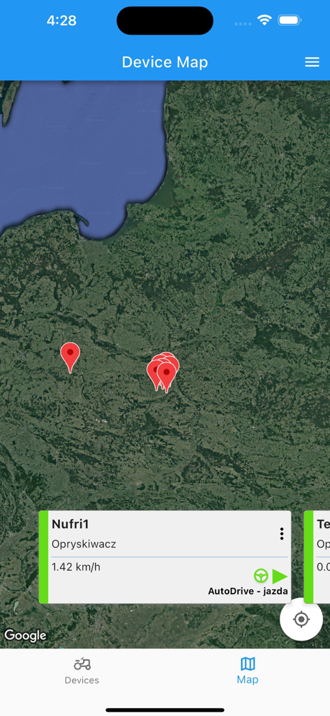 Gotrack App - Map view in the Gotrack App showing real-time locations and status of autonomous agricultural vehicles