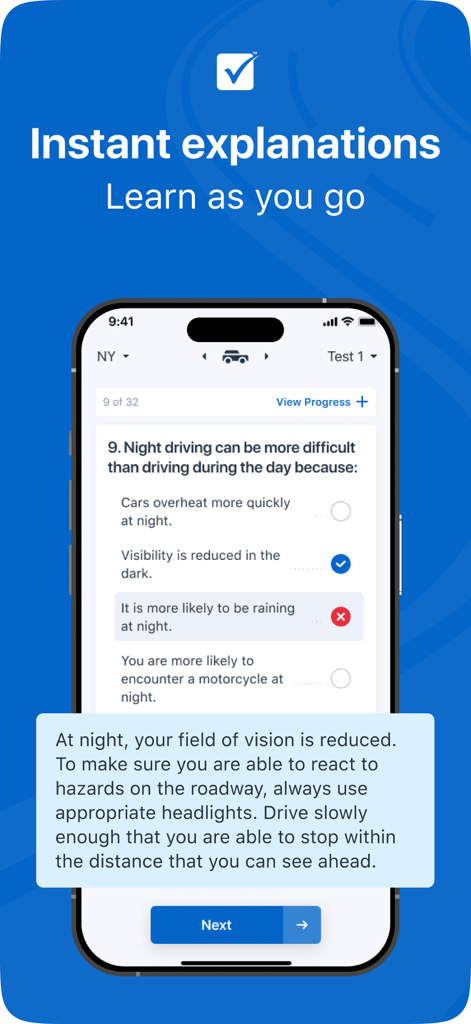 Tela de teste prático da DMV mostrando uma questão com explicação instantânea da resposta