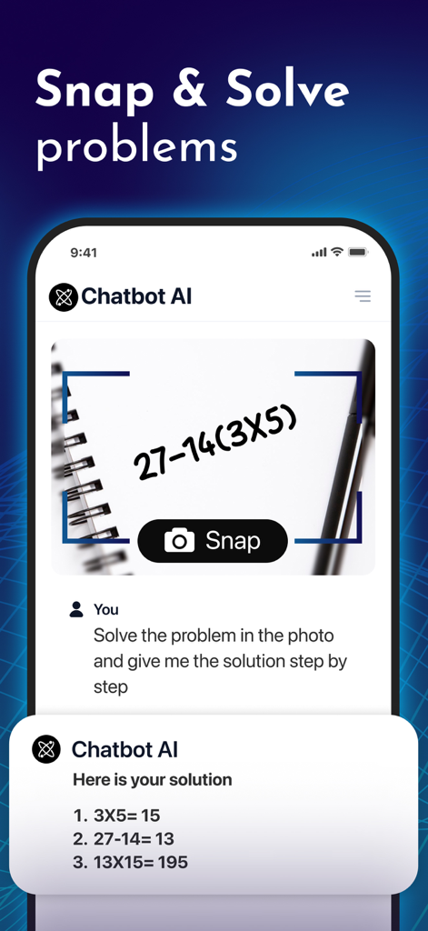 Chatbot AI - Smart Search Bot - Pantalla de smartphone mostrando la aplicación Chatbot AI proporcionando una solución paso a paso para un problema matemático escrito a mano capturado por foto.