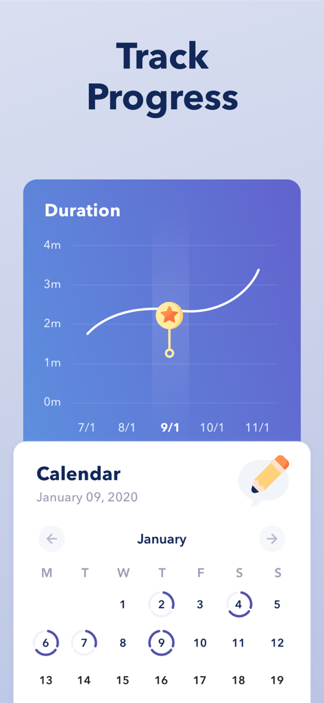 Kegel Exercises Pelvic Floor - A progress tracking dashboard showing an exercise duration graph and a monthly workout calendar.