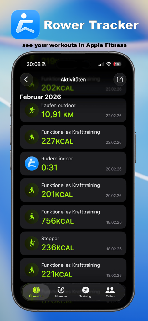 Rower Tracker - Rower Tracker workout data synced with Apple Fitness activity history on an iPhone