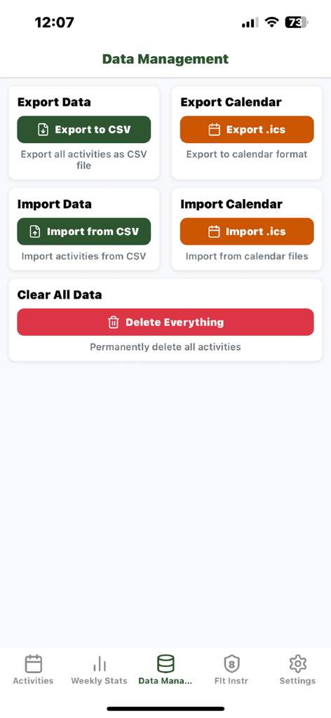 SafeHours - SafeHours data management screen with options to export and import CSV or calendar files for pilot duty tracking