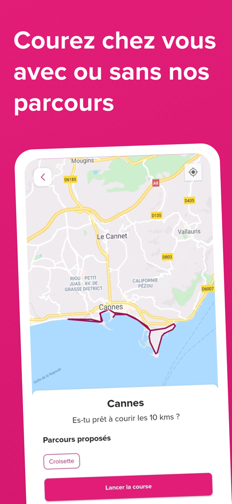 Odysséa - Odyssea app screenshot showing a 10km virtual running route map in Cannes