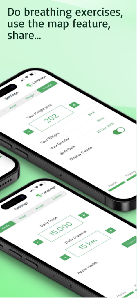 The Pedometer app interface on iPhone showing daily step and distance goals along with personal health settings