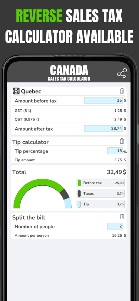 Canadian Sales Tax Calculation - Canadian sales tax calculator app interface with tip and bill splitting features