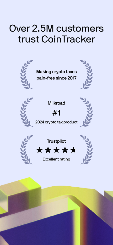 Sozialer Beweis für CoinTracker mit Auszeichnungen und Vertrauensbewertungen von über zwei Millionen Kunden