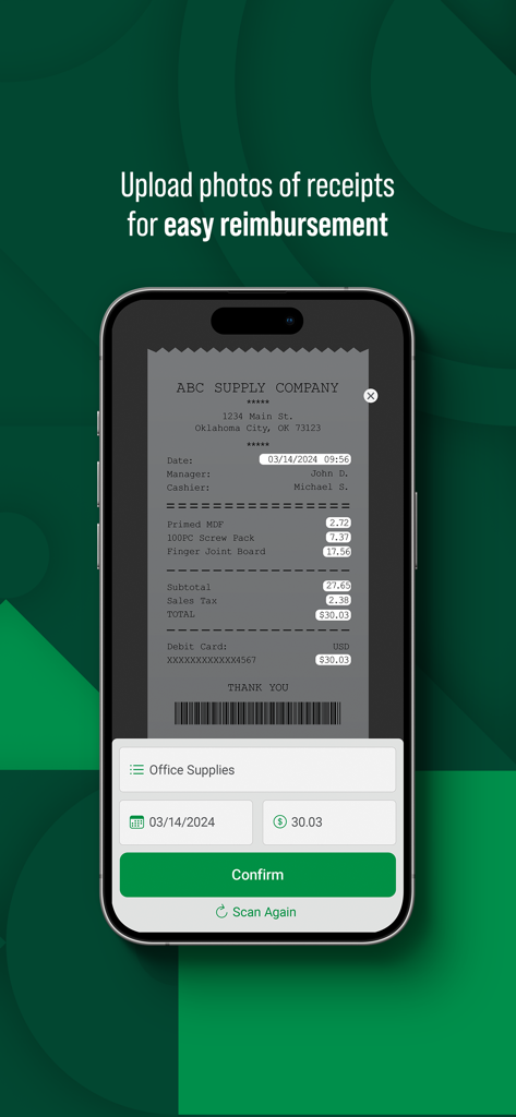 Paycom app interface showing a receipt scan for expense reimbursement
