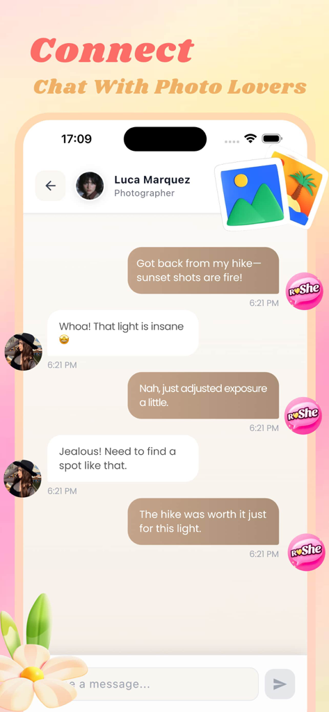 Rushe - A mobile screen showing a chat between photographers on the Rushe app discussing sunset lighting and photo locations.