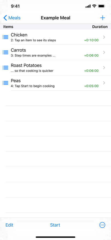 Interface showing a list of meal items with their durations including chicken carrots and roast potatoes