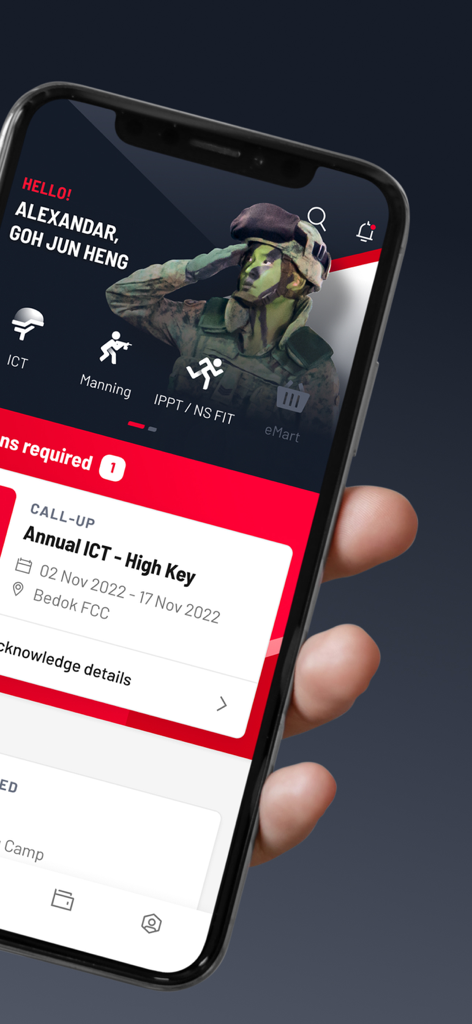 Écran de smartphone montrant le tableau de bord de l'application OneNS avec un avis de convocation ICT annuel