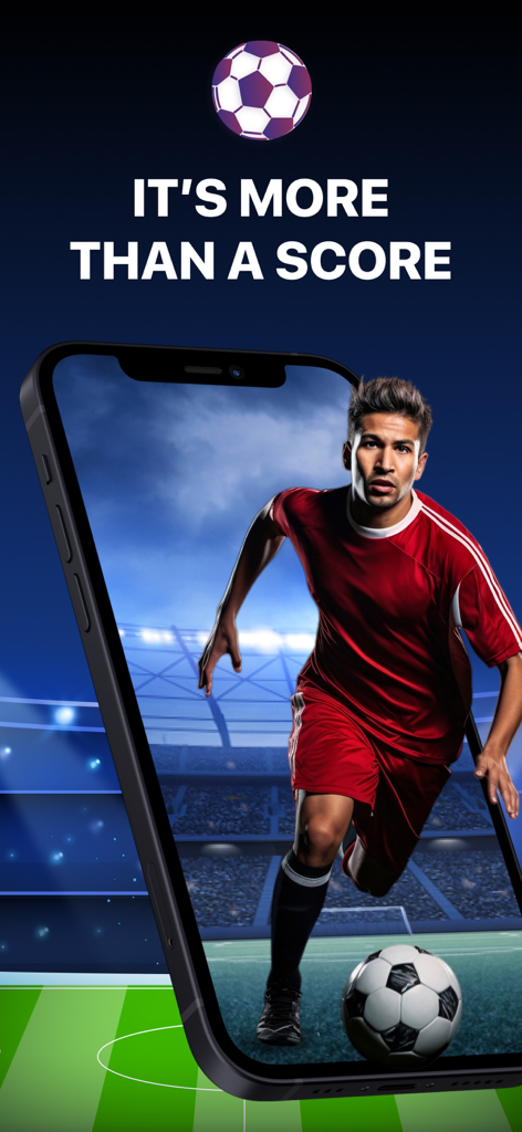 Live Football TV app promotional screen showing a soccer player on a smartphone display