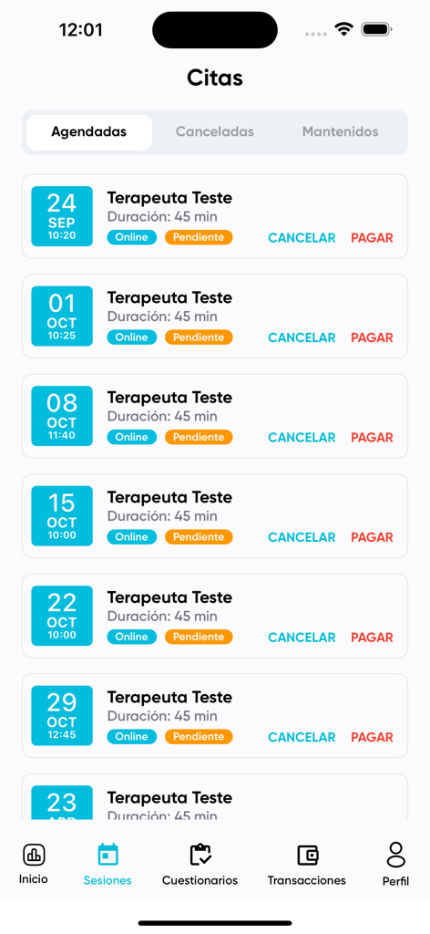 Tartamudez Center mobile app interface showing a list of scheduled speech therapy sessions with options to pay or cancel