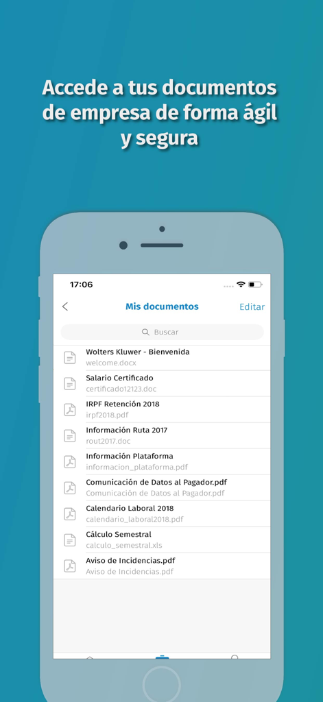 Portal Empleado - Pantalla de la aplicación móvil mostrando una lista de documentos de la empresa incluyendo recibos de sueldo y certificados fiscales