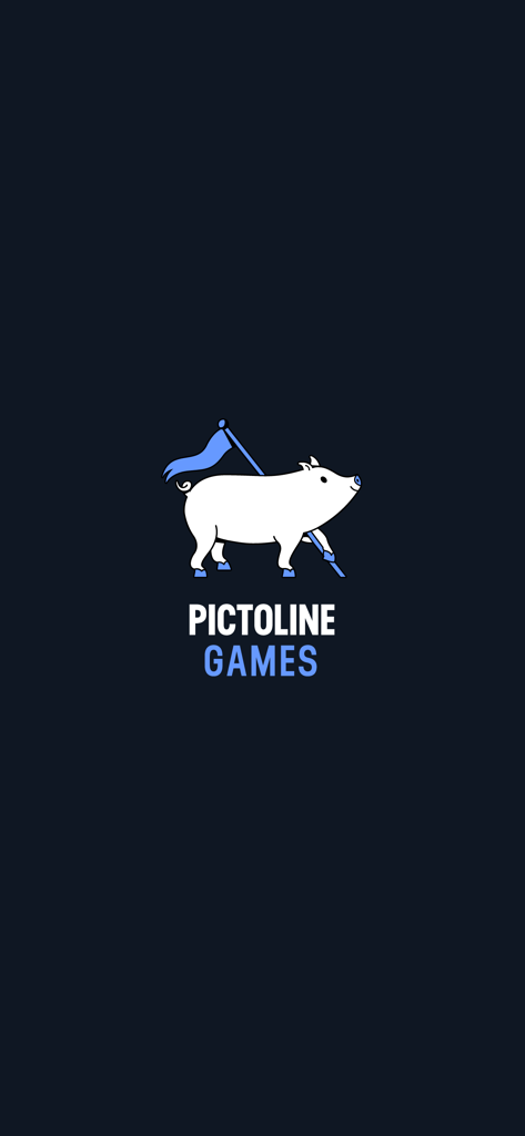 Dilemo - Logo Pictoline Games con una mascotte di maiale bianco che tiene una bandiera blu