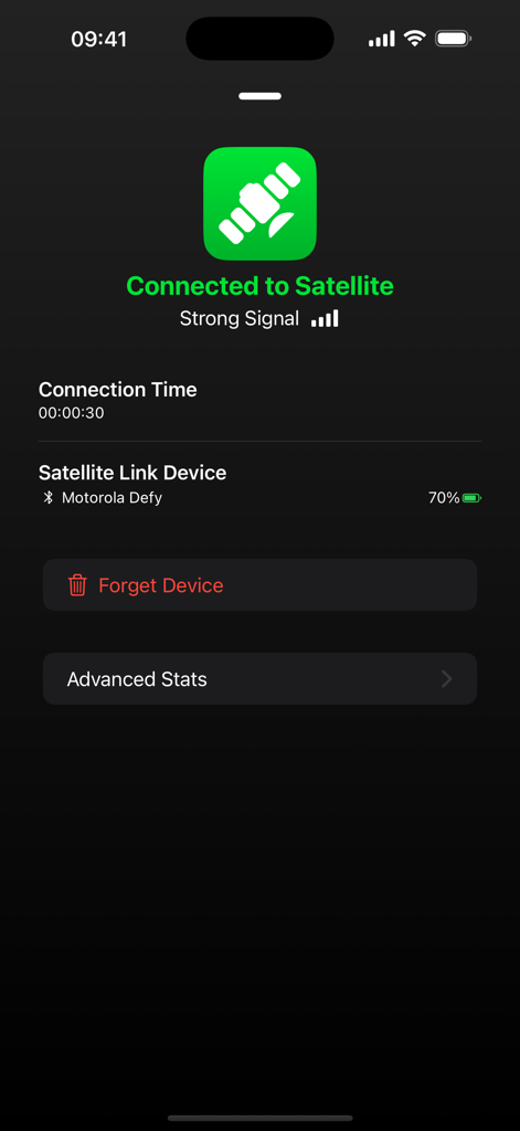 Bullitt Satellite Messenger - Bullitt Satellite Messenger app interface showing a strong connection to a satellite with a Motorola Defy device