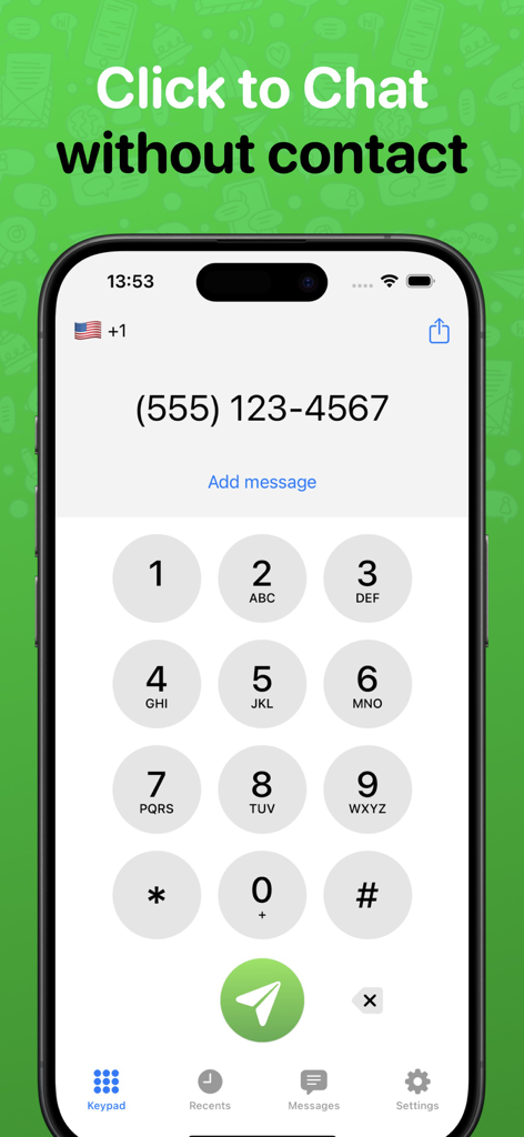 Dialer for WhatsApp - Click - Numeric keypad interface of the Dialer for WhatsApp app showing a US phone number and the option to chat without saving a contact.