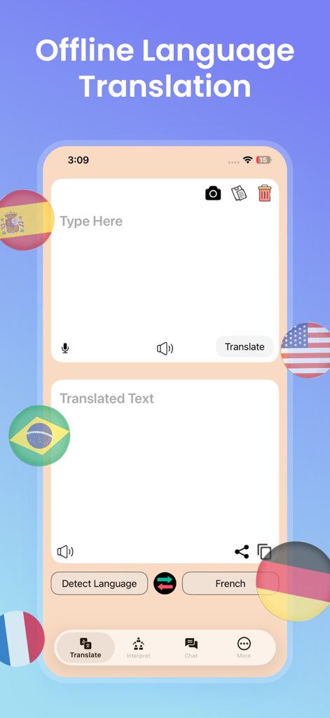Offline Language Translator - Interfaccia utente dell'app Offline Language Translator che mostra campi di input e output del testo con bandiere internazionali.