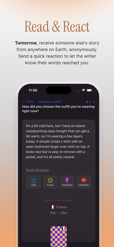 Lost Post: Daily World Stories - Interface of the Lost Post app showing an anonymous story from a user in France with quick reaction buttons like Like and Insightful.