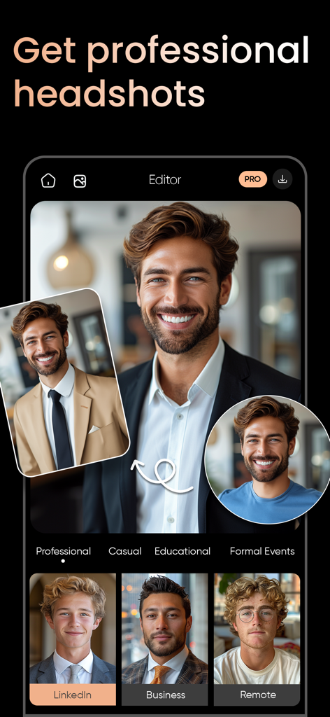 PhotoTune: AI Photo Enhancer - Interfaz de la aplicación móvil que muestra cómo generar retratos profesionales con IA para LinkedIn