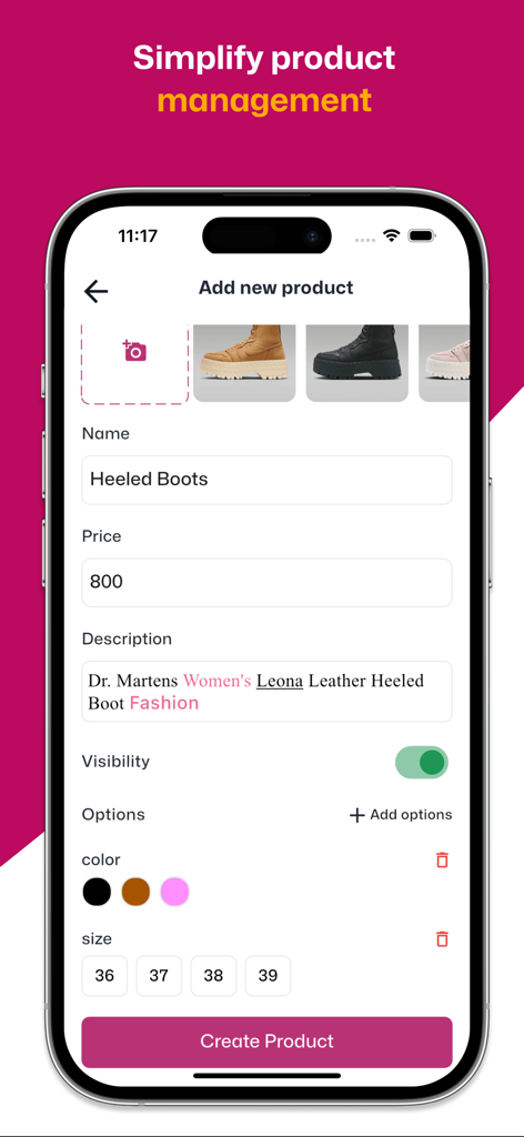 YouCan.shop - A mobile screen showing the YouCan.shop add product feature with fields for price name and variations