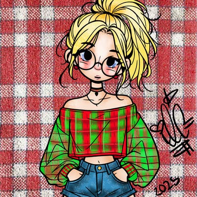 girl with a messy ponytail glasses a baggy crop top and jean shorts