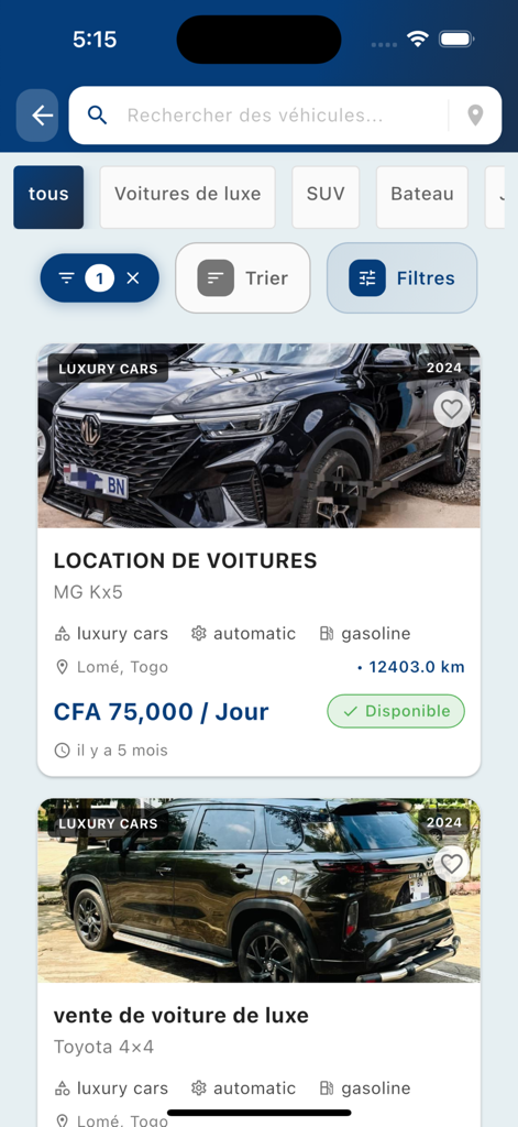 AppartMart - Mobile app interface for AppartMart showing luxury car rental and sale listings with search filters