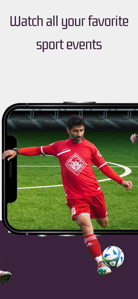 PantherVPN – Fast Secure VPN - Un écran mobile montrant un joueur de football sur un terrain avec le texte Regardez tous vos événements sportifs préférés pour PantherVPN.