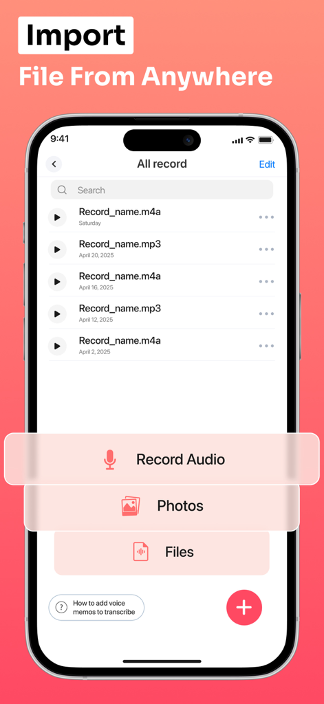 Screen showing import options for audio and video files in the Transcribe it speech to text app